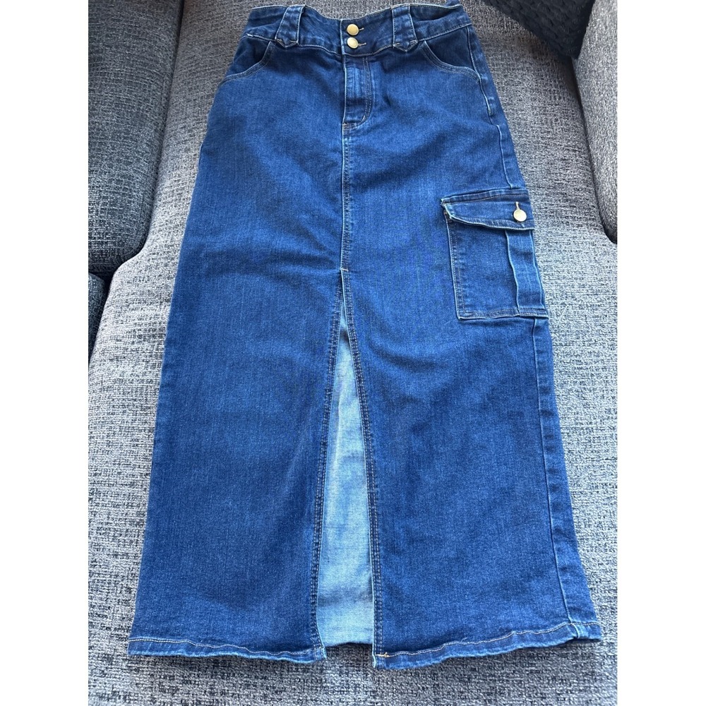 Cider Denim Cargo Edgy Maxi Skirt Blue Button Front Slit Pockets Size M - Picture 1 of 9